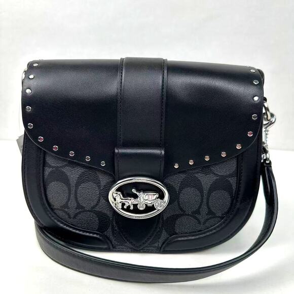 Coach Georgie Saddle Crossbody Colorblock Sig Canvas Silver/Graphite/Black NWT - Picture 1 of 12